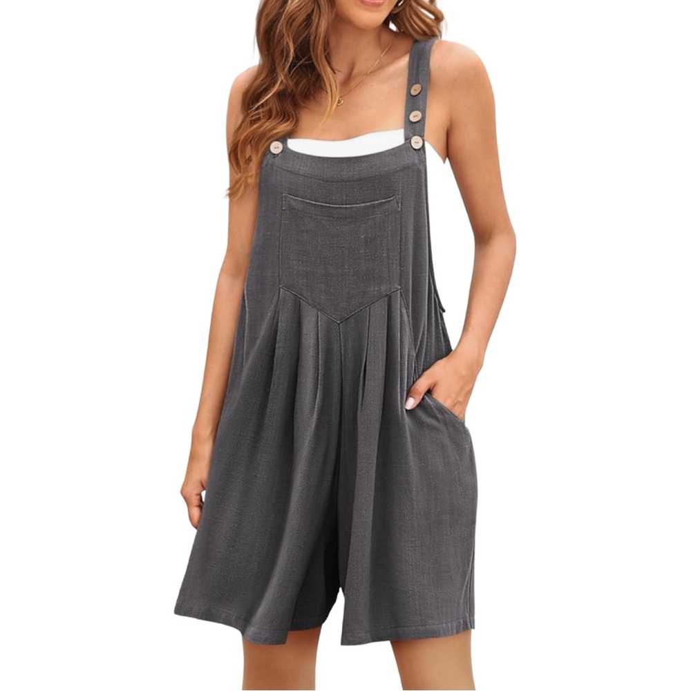 Gray Linen Blend Overall Romper | M | Automet Adjustable Straps